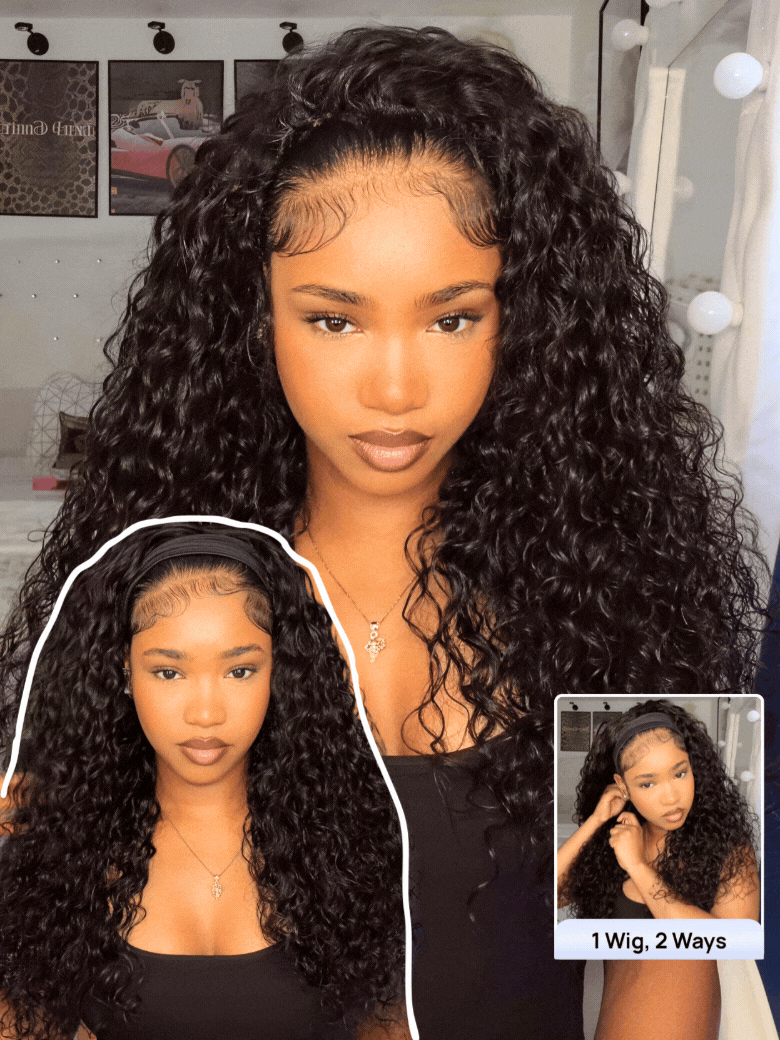 Nadula Water Wave 2-in-1 Swich Headband Half Wig 100% Human Hair Put On and Go Glueless Wig with Drawstring