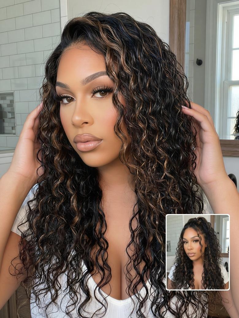Nadula 7x5 Golden Brown Highlight Wig Water Wave Bye Bye Knots Lace Closure Wig 150% Density