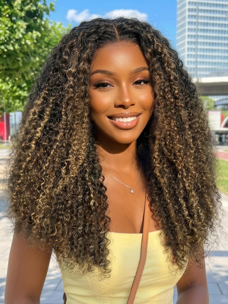 Nadula 7x5 Blonde Highlight Kinky Curly Wigs Brown Ombre No Slip Put On and Go Wig with Drawstring Invisi Knots Glueless Human Hair Wigs