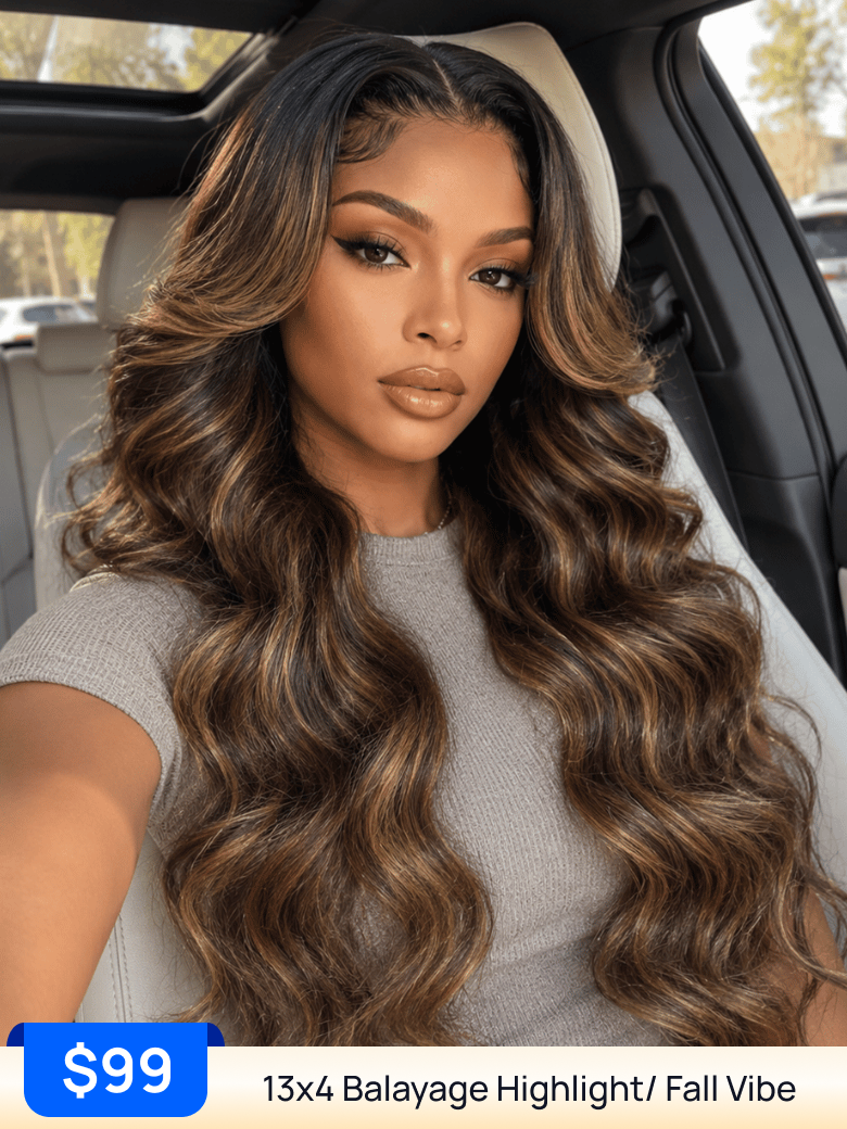 $99 Sale | Nadula Flash Sale 13x4 Balayage Highlight Wig with Bangs Pre-everything Body Wave Lace Front Human Hair Wigs with Invisi Drawstring