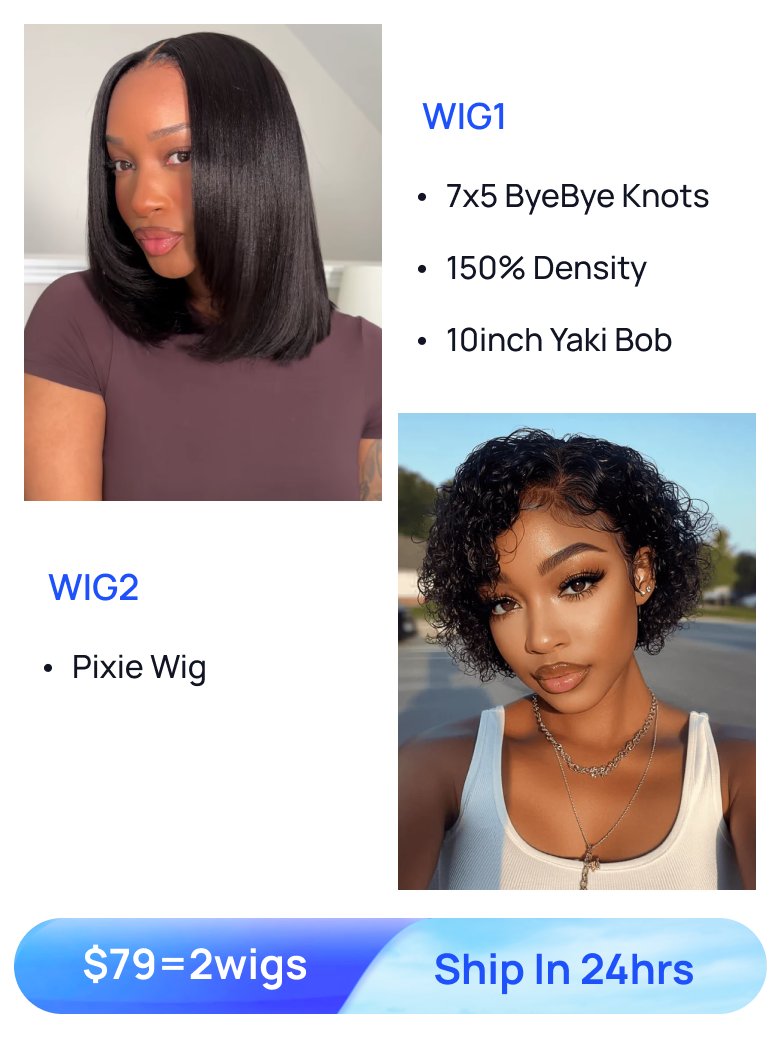 $79=2 Wigs | Nadula BOGO 7x5 Bye Bye Knots Yaki Straight Bob Wigs and Short Pixie Wigs