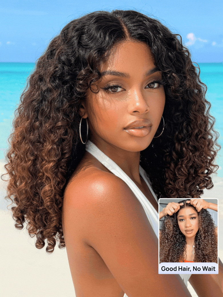 Nadula 7x5 Chestnut Brown Ombre Burmese Curly Glueless Wigs Elastic Drawstring Snug Fit Put On and Go Wig with Finger Coils Ends
