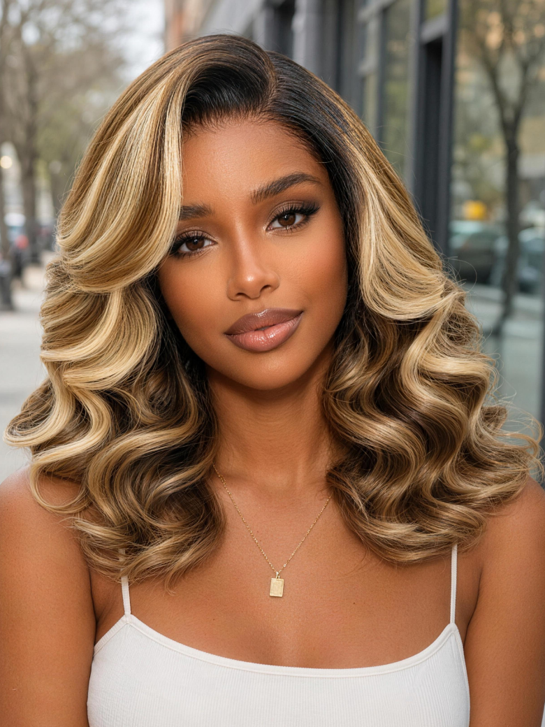 Nadula 7x5 Dark Root Honey Blonde Highlighted Layered Body Wave Shoulder-Length Bob Wig Glueless Human Hair Wig