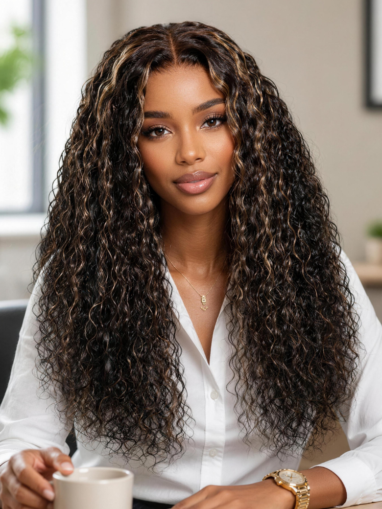 Nadula 7x5 Black With Blonde Highlights Water Wave Lace Closure Wig Glueless Human Hair Wig