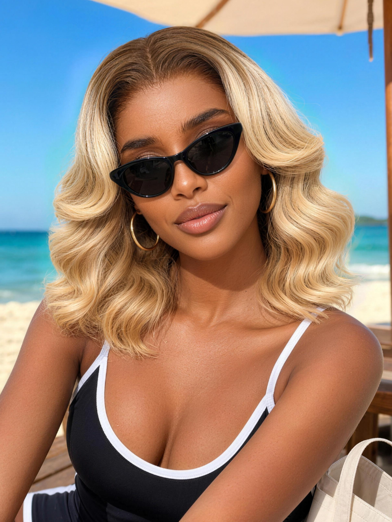 Nadula 7x5 Dark Root Creamy Blonde Shoulder-Length Layered Body Wave Wig Glueless Human Hair Wig with Drawstring