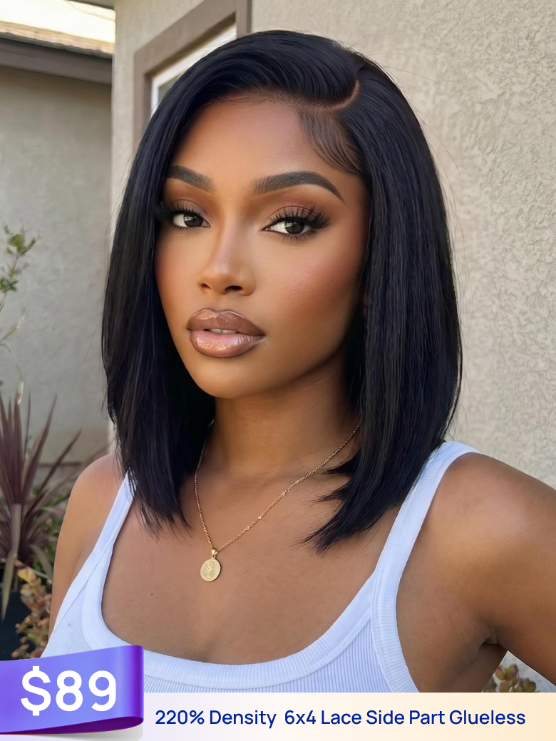 $89 = 220% Density | Nadula 6x4 Lace Closure Ready to Wear Chin-Length Blunt Cut Straight Bob Human Hair Wig with Drawstring Glueless Lace Wig