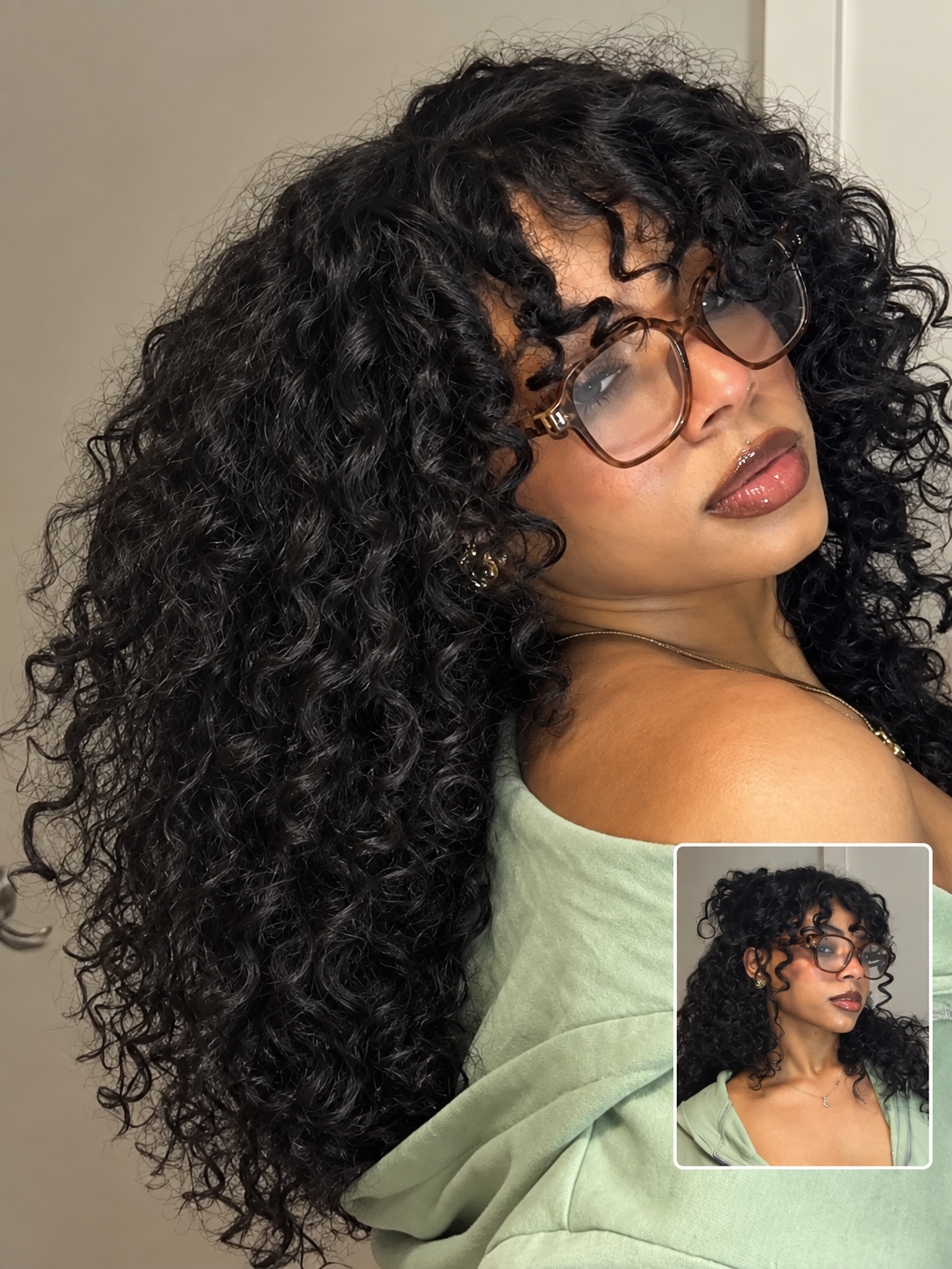 Nadula 4x2 Minimal Lace Soft Life Look Natural Bouncy Curl With Layered Curly Bangs Afro Curl Volume Glueless Human Hair Wig