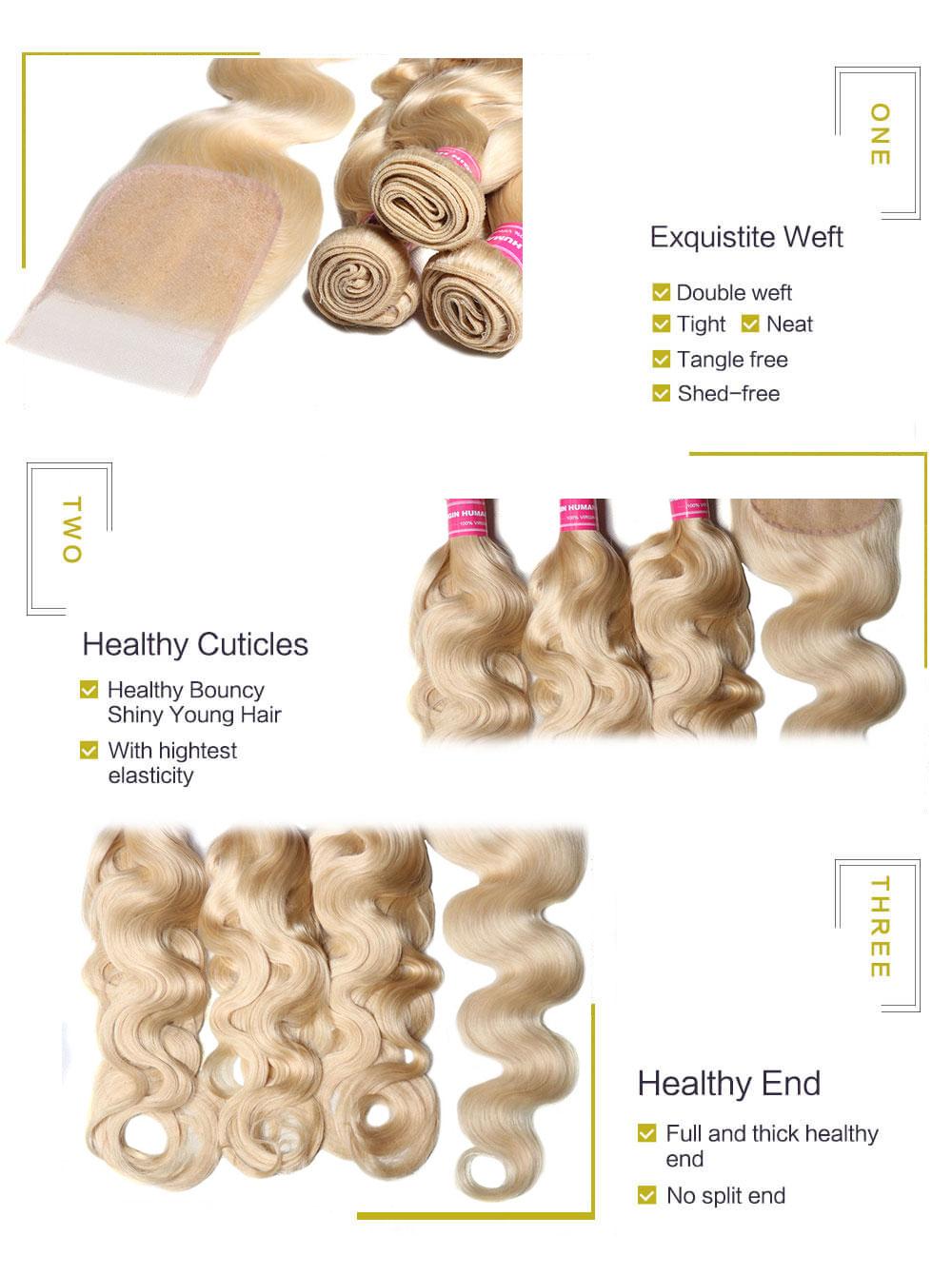 
        Nadula 613 Blonde Virgin Human Hair Bundles With Lace Closure Body Wave Hair    