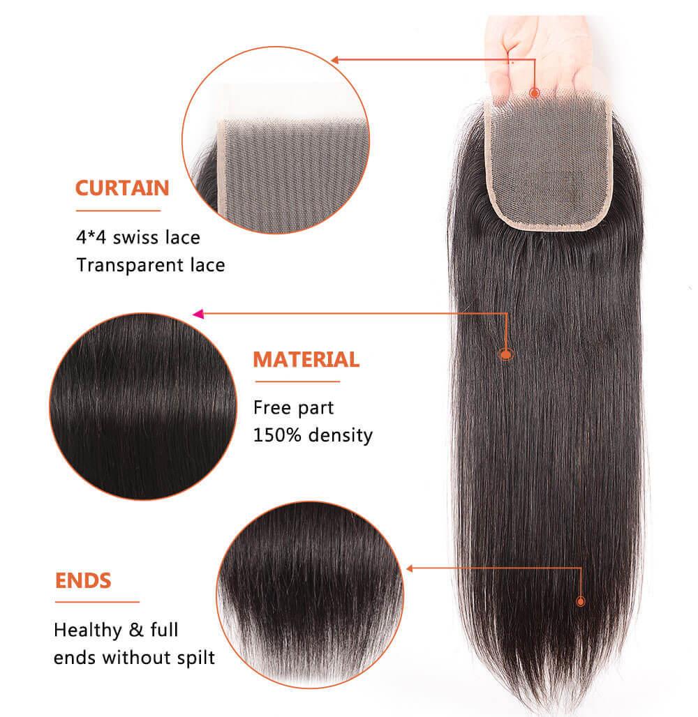 Nadula Transparent 4*4 Lace Closure Straight Free Part 100% Virgin Human Hair