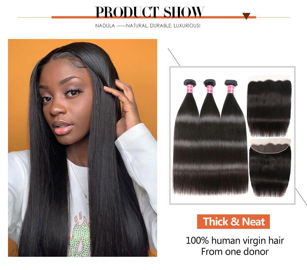 
        Nadula 4 Bundles Straight Virgin Hair Weave With Lace Frontal Closure 13x4 Human Hair Extensions    